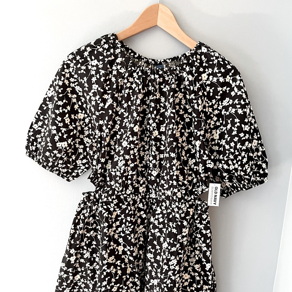 OLD NAVY Cotton Poplin Cutout Mini Dress - Black & Cream Floral Print